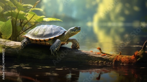 a terrapin basking on a sun-drenched log in a serene pond, its distinctive shell and webbed feet in focus