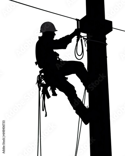 Silhouette of an Electrical Power Lineman Climbing an Electrical Powerline Pole with a white background, Generative AI
