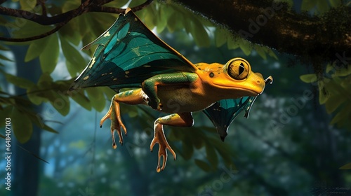a tree-dwelling flying frog, with its webbed feet and vibrant coloration, as it gracefully glides between branches in the rainforest canopy photo