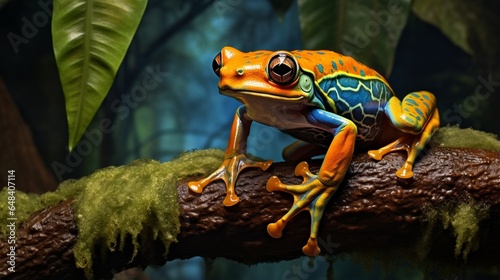 a tree-dwelling flying frog, with its webbed feet and vibrant coloration, as it gracefully glides between branches in the rainforest canopy photo