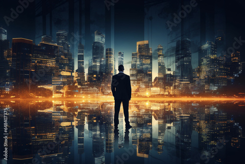 Business Property Development and Investment Concept, Double Exposure of Businessman Rear View and Cityscape Buildings, Goal Business Executive Marketing of Successful Entrepreneur