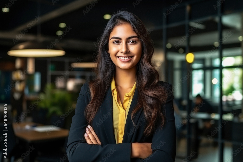 successful female corporate employee standing at office successful female corporate employee standing at office
