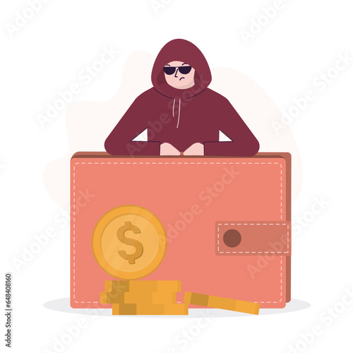 Burglar thief with glasses and hood standing near big wallet. Thief stealing money. Problem of capital protection, scamming, phishing