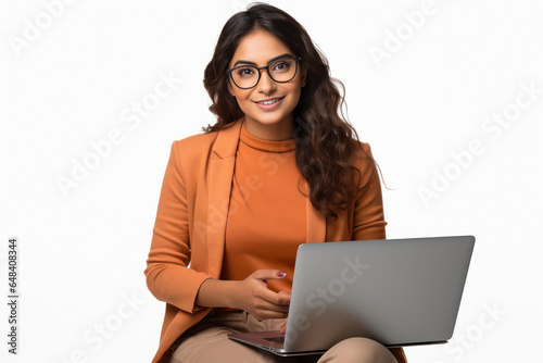 woman using laptop on white background