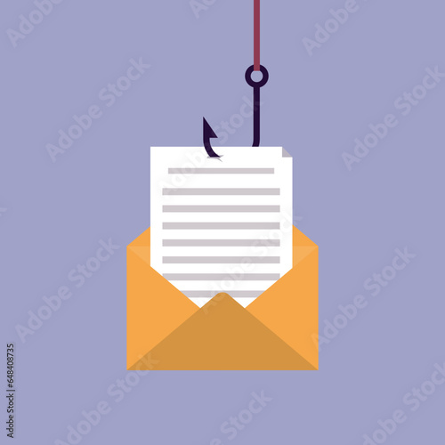 Clickbait, spam and phishing. Fake message, online internet piracy. Financial fraud, bait. Hacker mailing, spamming, paper in an envelope on big hook.