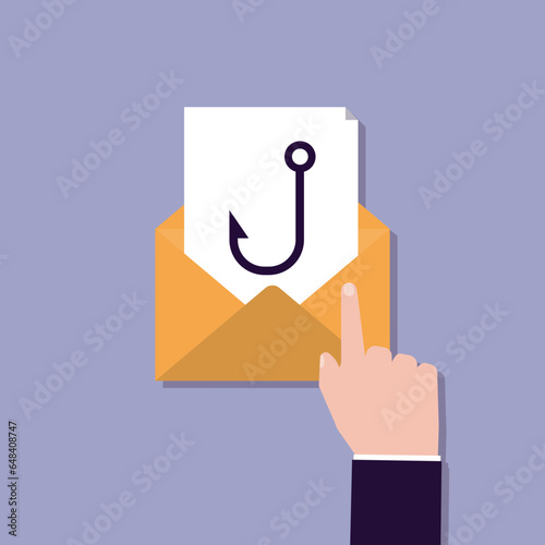 Clickbait, spam and phishing. Hand going to click fake message. Online internet piracy. Financial fraud. Hacker mailing, spamming, hook on paper in an envelope