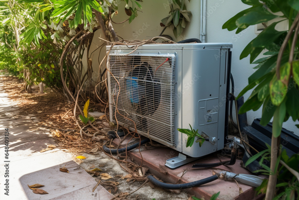 Broken external air conditioner unit with protection cover removed in