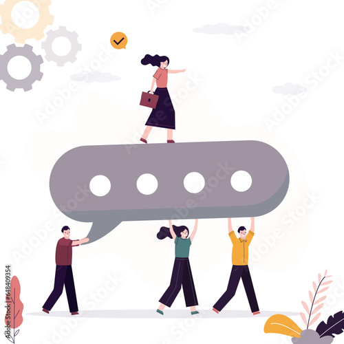 Strong woman boss leads business team, members help carrying big speech bubble. Team discussion, community, forum or social feedback. Successful negotiations,