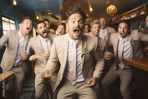 Group of young men celebrating at a party. Bachelor party photo
