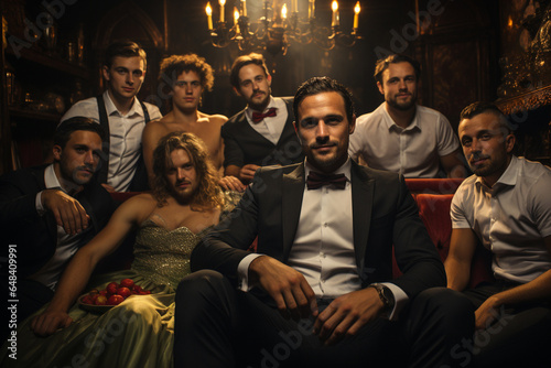 Group of young men celebrating at a party. Bachelor party photo