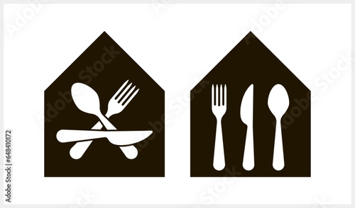 Dining hause. Food Center Food Court Cafeteria Service Canteen or Restaurant Sign. Spoon, knif and fork vector icon. EPS 10