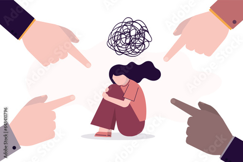 Various hands pointing at unhappy girl, blame and condemnation persons. Unhappy woman suffers from unreasonable blame and shaming. Problem of bullying, blaming