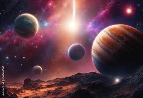 Night sky featuring several planets glowing against a backdrop of stars and the sun, AI-generated.