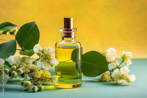 Bottle of essential oil and fresh linden flowers on color background, aesthetic look