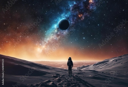 Astronaut on an icy rocky surface with the sky filled with stars and galaxies, AI-generated