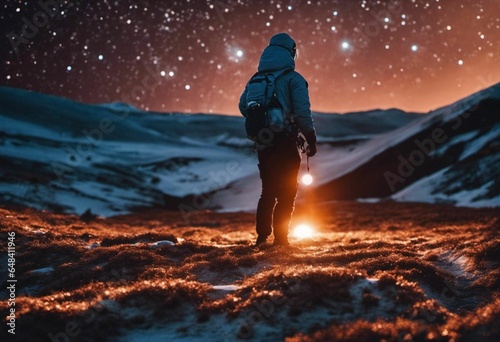 Astronaut on an icy rocky surface with the sky filled with stars and galaxies, AI-generated