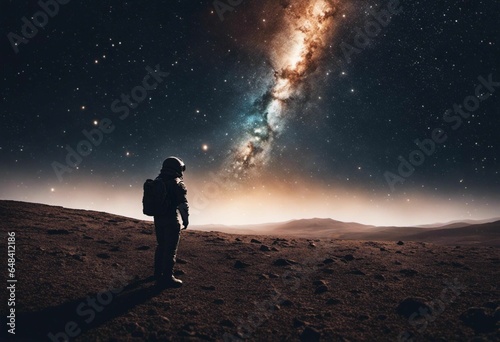 Astronaut on an icy rocky surface with the sky filled with stars and galaxies, AI-generated