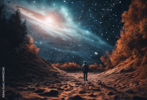 Astronaut on an icy rocky surface with the sky filled with stars and galaxies, AI-generated