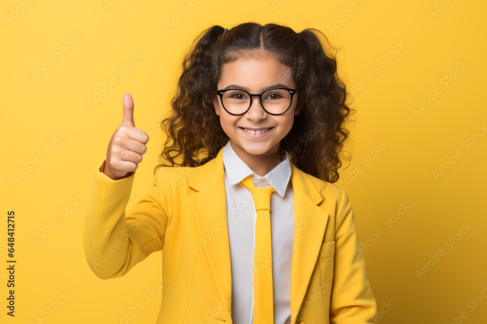 smiling schoolgirl wearing school uniform show thumb up finger on yellow background. Back to school smiling schoolgirl wearing school uniform show thumb up finger on yellow background. Back to school