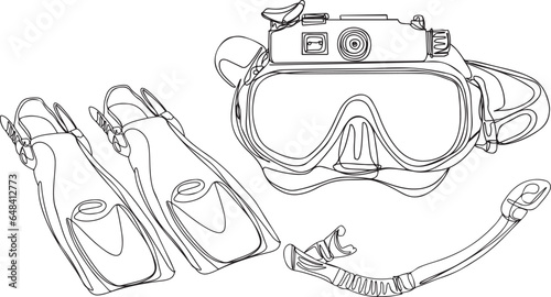 Hand-Drawn Scuba Diving Tools - Sketch Illustration, Scuba Diving Gear with Digital Camera - Cartoon Clipart, Underwater Adventure Equipment - One Line Doodle Drawing