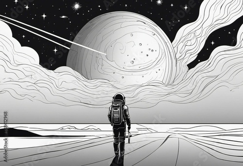 Astronaut on an icy rocky surface with the sky filled with stars and galaxies, AI-generated