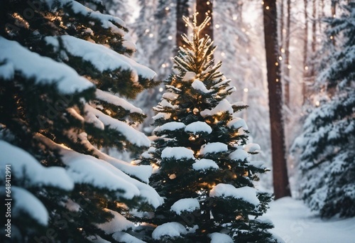 Decorated Christmas tree stands against a snowy backdrop, AI-generated.