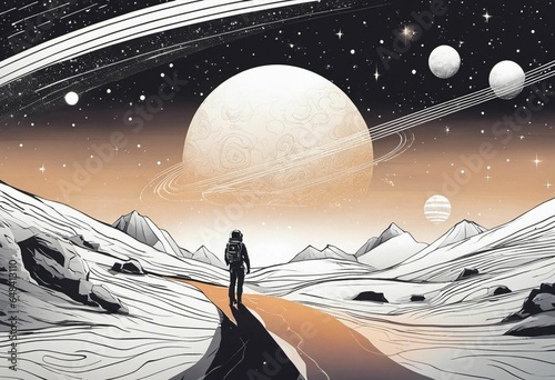 Astronaut on an icy rocky surface with the sky filled with stars and galaxies, AI-generated