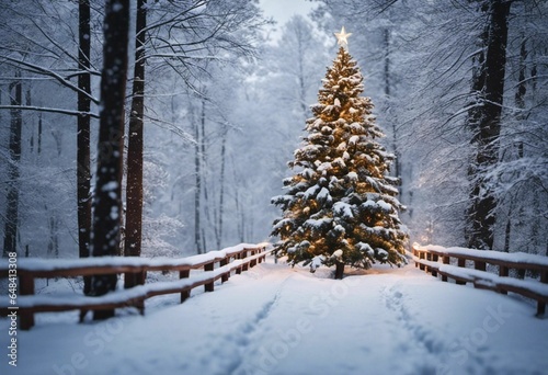 Decorated Christmas tree stands against a snowy backdrop, AI-generated.