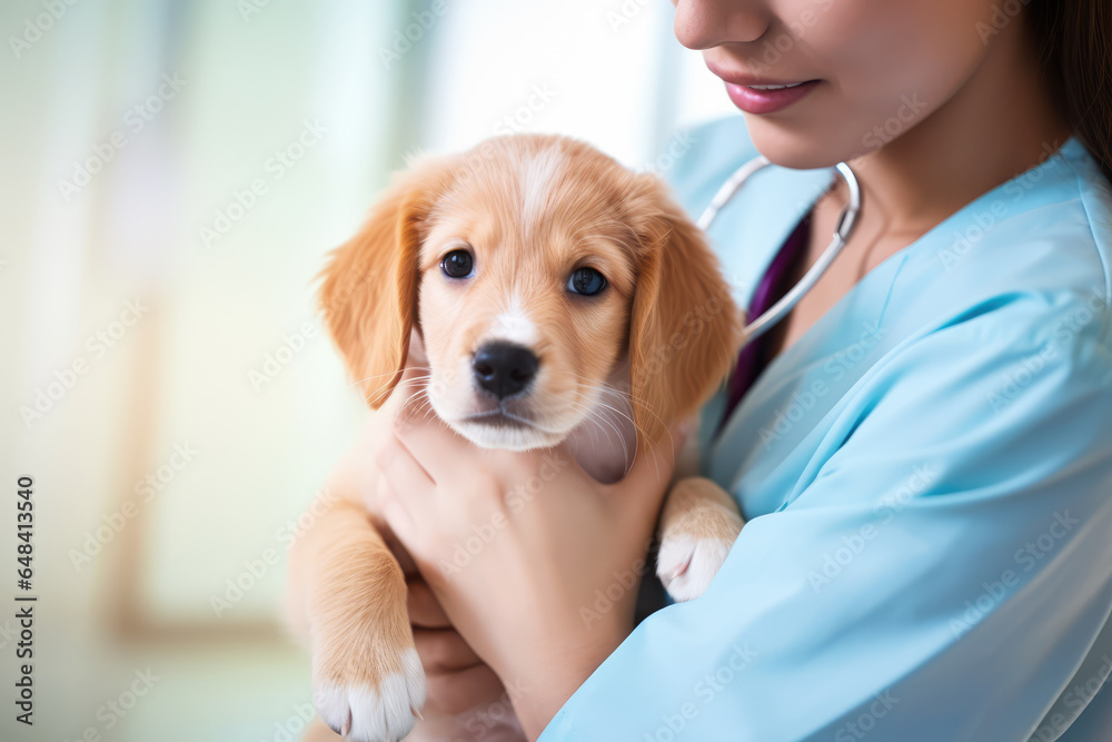 Female vet examining a puppy, veterinary clinic concept