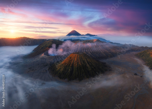 Aerial view of beautiful morning, Mount Bromo. Located in Bromo, Tengger, Semeru National Park, East Java, Indonesia.