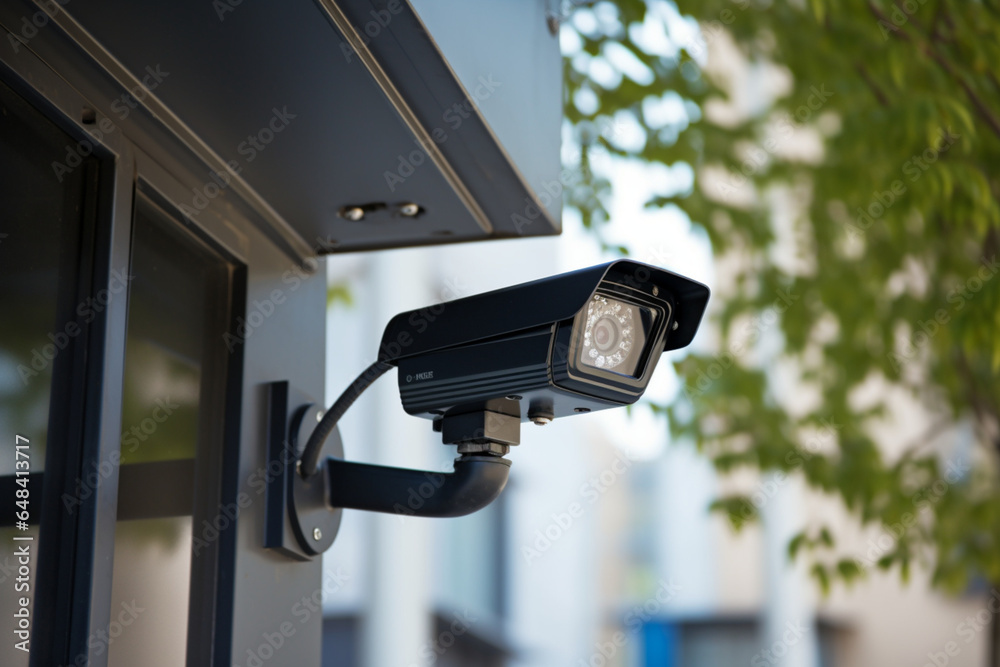 Black cctv outside the building, home security system, aesthetic look