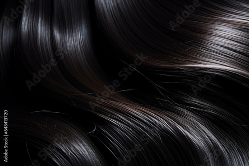 Black glowing hair wavy strand, Isolated on black background, Shiny haircare style shampoo beautiful smooth colored hair close up photo, aesthetic look