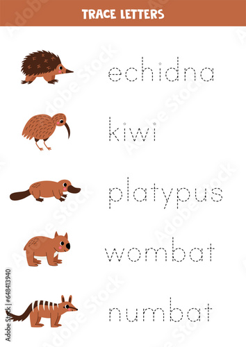 Tracing letters with cute Australian animals. Writing practice.
