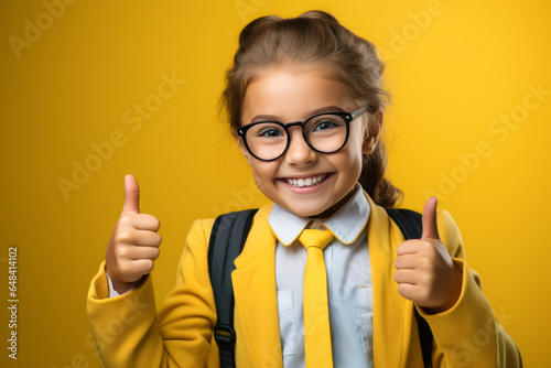 smiling schoolgirl wearing school uniform show thumb up finger on yellow background. Back to school