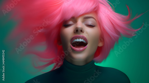 Colorful studio portrait of an attractive young woman laughing happily. Bold, vibrant and minimalist. Generative AI