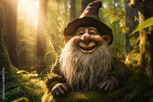 The gnome guardian of the forest looks at the camera smiling. The fairy-tale character is encountered only by the most daring and responsible visitors to the forest.