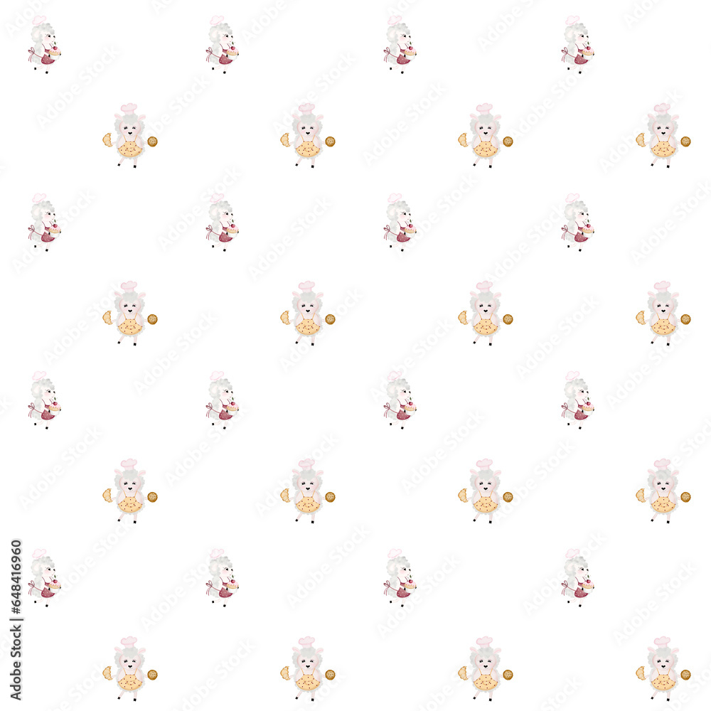 Seamless pattern of hand-drawn pastry chef sheep. cute pattern with sheep cookies and croissant for printing on fabrics, aprons, napkins, wrapping paper.