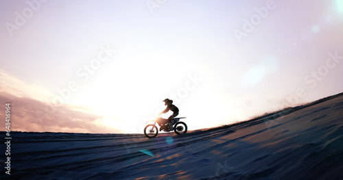 Motorcycle, person and driving for training or sports with fitness, balance or challenge in nature on mock up space and sky. Bike, freedom and adventure for competition, exercise or talent in desert