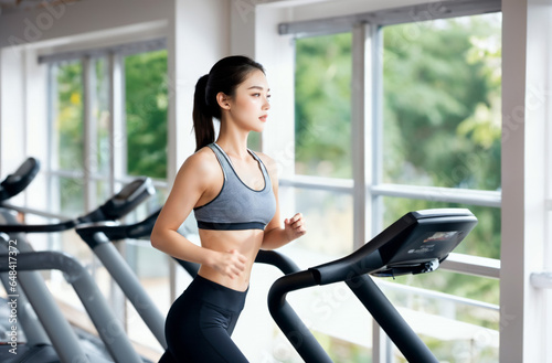 Young women in spotbar exercise with machines in the gym, running to control weight in the concept of good health.