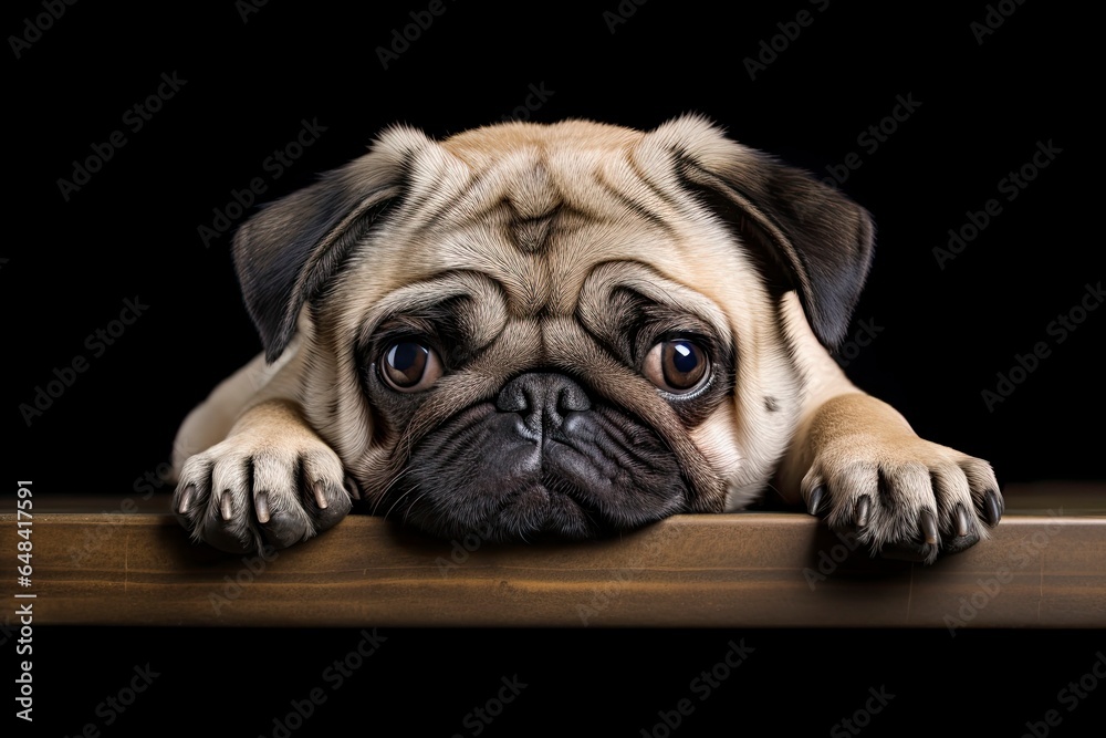 A pug dog resting on a wooden table created with Generative AI technology