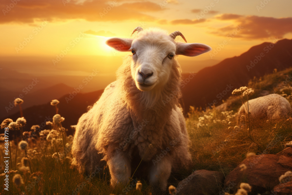 Beautiful nature at sunset, and the sheep and the lamb, the good shepherd, aesthetic look Beautiful nature at sunset, and the sheep and the lamb, the good shepherd, aesthetic look