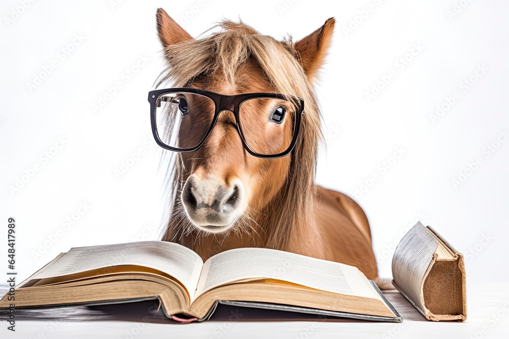 A horse wearing glasses and reading a book created with Generative AI technology A horse wearing glasses and reading a book created with Generative AI technology