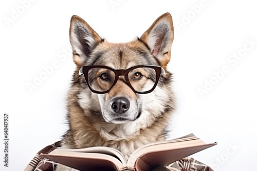 A wolf wearing glasses and reading a book created with Generative AI technology