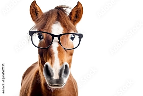 A horse wearing glasses on its head created with Generative AI technology