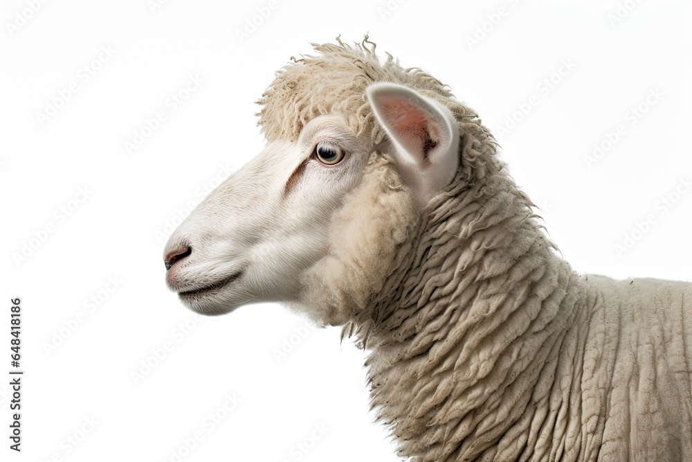 A close-up of a sheep against a white background created with Generative AI technology A close-up of a sheep against a white background created with Generative AI technology