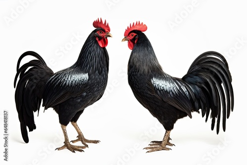 Two black roosters standing side by side created with Generative AI technology