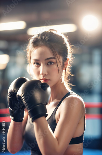 young girl boxing exercise at boxing gym, lens flare background and bokeh © fourtakig