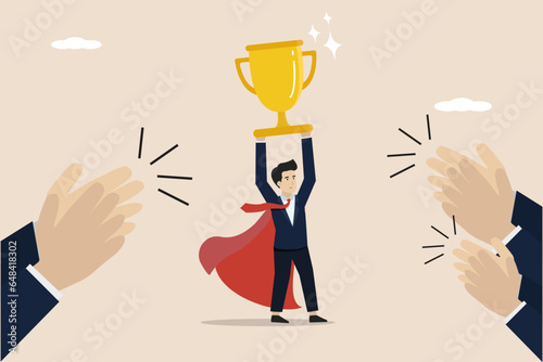 Success, success towards a target or the result of hard work, the concept of business success, a smart young businessman succeeds in achieving a big trophy target, and gets applause from his colleague