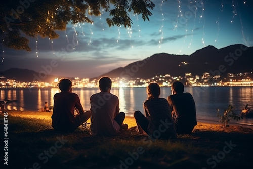 Beach view with group of people at night for outdoor travel  adventure break and relaxing on ground together in rear  Social friends silhouette on mountains or nature for sunset in city bokeh light
