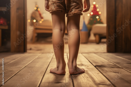 Bare foot of small kid standing on wooden floor, awaking in morning, going to wear elf s shoes, Unrecognizable child on wooden surface, Christmas time